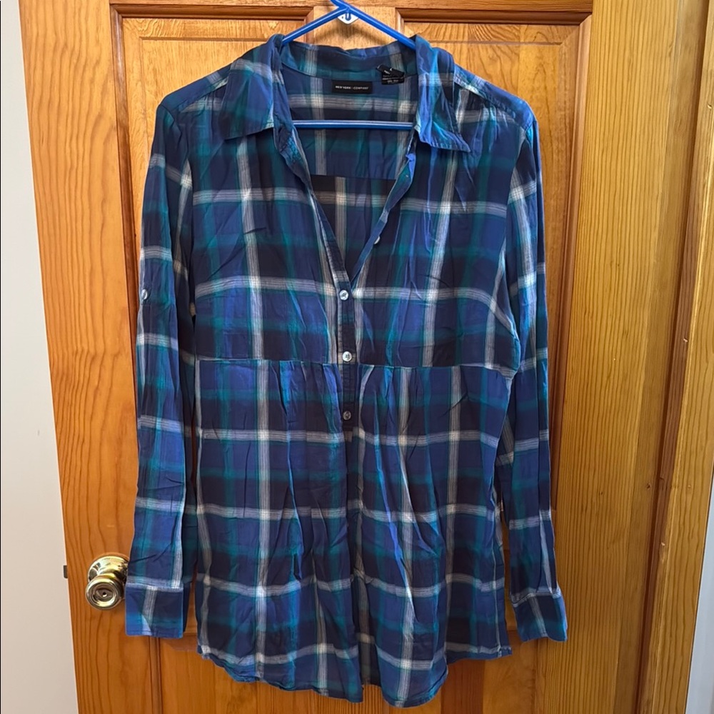 #50 - New York & Company Blue Plaid Button Down Collared Tunic